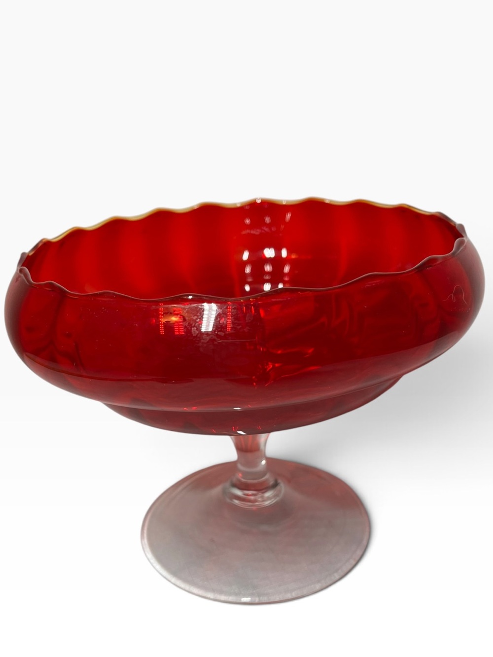 Vintage MCM Empoli Ruby Red Glass Optic Pedestal Compote Centerpiece